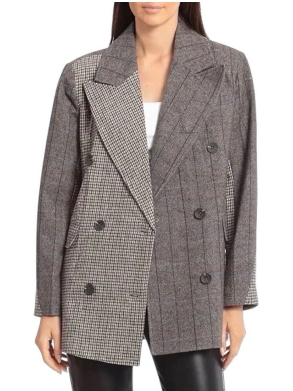 Avec Les Filles Two-Tone Gray Patterned Double-Breasted Blazer